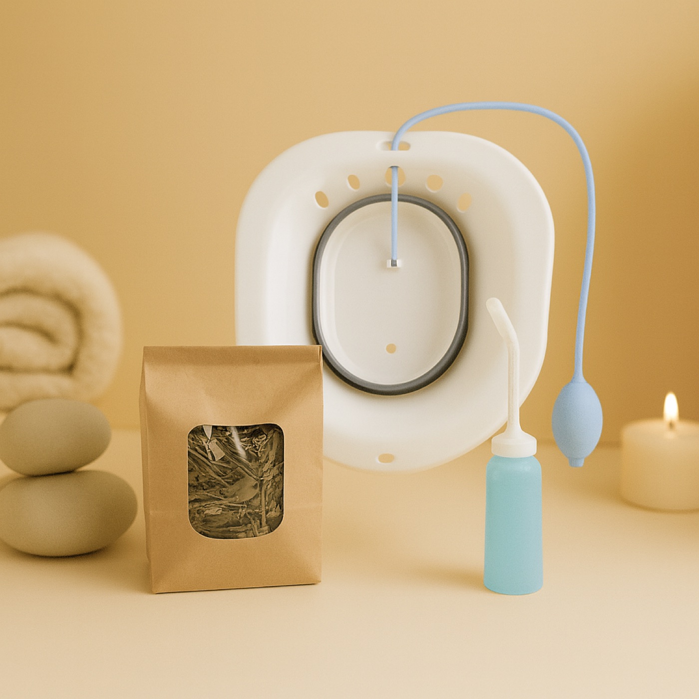 Starterspakket met opzetbidet, spoelflesje en een kraftzak Faya Watra bladeren